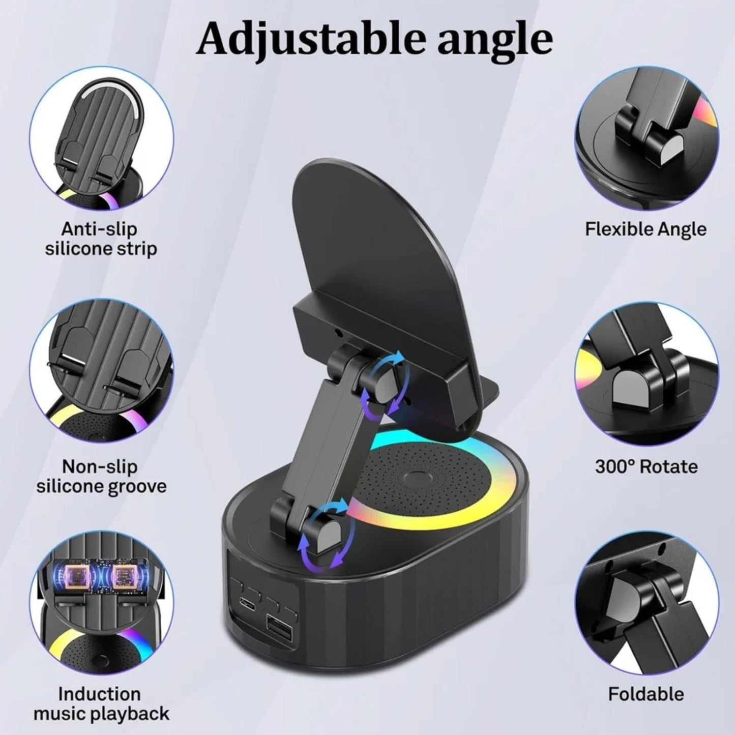 Wireless Induction Audio Bluetooth Speaker 5in1 Phone Holder Emergency Rechargeable