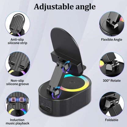 Wireless Induction Audio Bluetooth Speaker 5in1 Phone Holder Emergency Rechargeable