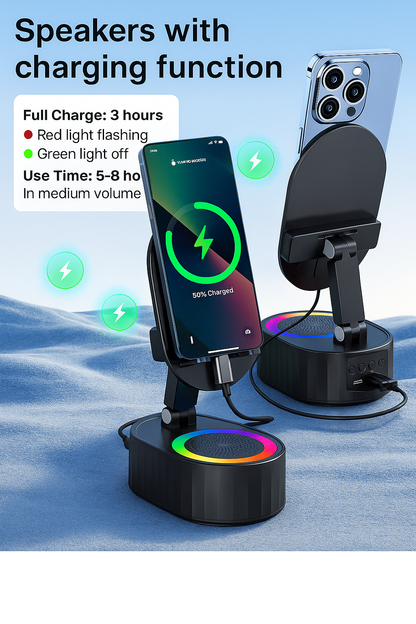 Wireless Induction Audio Bluetooth Speaker 5in1 Phone Holder Emergency Rechargeable