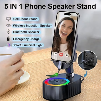 Wireless Induction Audio Bluetooth Speaker 5in1 Phone Holder Emergency Rechargeable